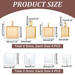 DIYの空白の正方形ペンダント作成キット  304ステンレススチールペンダントカボションセッティングを含む  ガラスカボション  ゴールドカラー  16個/箱&nbsp;DIY-UN0005-44
