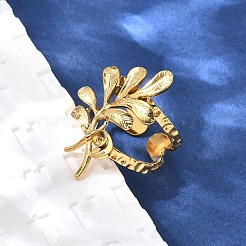 女性用304ステンレススチールオープンカフリング  18KGP本金メッキ  葉  30x17.5mm  内径: 調節可能&nbsp;RJEW-A053-06G-10