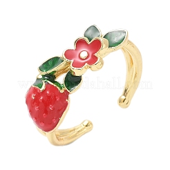 女性用真鍮エナメル調節可能カフリング  ゴールドカラー  苺  イチゴ：10x20mm  内径: 調節可能&nbsp;RJEW-G350-01B-G