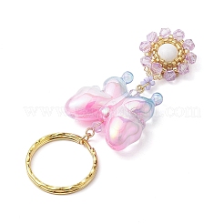蝶のアクリルと花のガラスシードビーズのキーホルダー  鉄製の金具と天然の馬山翡翠ビーズ付き  プラム  8.4cm&nbsp;KEYC-MZ00007-03