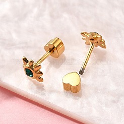イオンプレーティング（IP）304ステンレススチールスタッドピアス  ラインストーン付き  14KGP本金メッキ  太陽  シダ緑  6.5x6.5mm&nbsp;EJEW-A118-16G-01