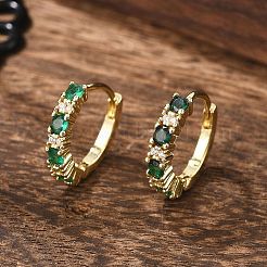 18KGP本金メッキ真鍮キュービックジルコニアハギーフープピアス  女性のための蝶番を付けられたフープピアス  鉛フリー＆カドミウムフリー＆ニッケルフリー  ミックスカラー  9ゲージ  14x3mm  ピン：1mm&nbsp;EJEW-C012-08
