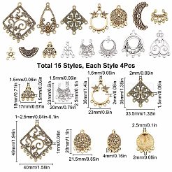 60 個 15 スタイルのチベットスタイル合金シャンデリアコンポーネントリンク  混合図形  ミックスカラー  13~39x12~40x1~4mm  穴：1~2.5mm  4個/スタイル&nbsp;TIBE-SC0001-73