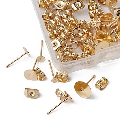 50個 5サイズ 304ステンレススチールスタッドピアス金具  フラットラウンドイヤリングのセッティング  50個のイヤーナット付き  ゴールドカラー  3~8x0.3mm  ピン：0.7mm  10個/スタイル&nbsp;STAS-YW0001-77