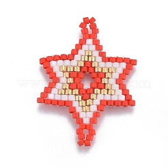 手作り日本のシードビーズコネクター  日本の輸入の糸と  織機模様  スター  レッド  31x24x2mm  穴：2mm&nbsp;SEED-P003-43