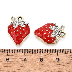 合金エナメルチャーム  ラインストーン付き  ストロベリーチャーム  ライトゴールド  ファイヤーブリック  20x14.1x5mm  穴：2mm&nbsp;ENAM-T020-110