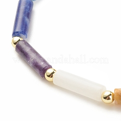 天然混合宝石のカーブチューブ チャンキー ストレッチ ブレスレット ブラス ハート  女性のためのチャクラジュエリー  内径：2-1/8インチ（5.4cm）&nbsp;BJEW-JB08127