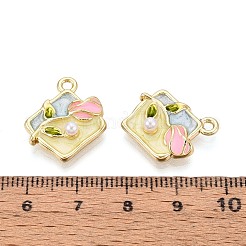 メッキ合金エナメルチャームラック  菱形＆花  ABSの模造パールと  ライトゴールド  20x17x5.5mm  穴：1.8mm&nbsp;ENAM-N065-03KCG