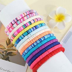 女性用ハンドメイドポリマー粘土ビーズストレッチブレスレット15個  ミックスカラー  内径：2インチ（5cm）&nbsp;BJEW-SW001597