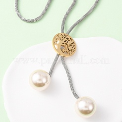 304ステンレススチール製生命の樹ラリアットネックレス（女性用）  丸い白いアクリルパール付き  本金メッキ&ステンレススチールカラー  31.10インチ（79cm）&nbsp;NJEW-B149-04GP-01