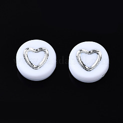 不透明な白いアクリルビーズ  シルバーハートのフラットラウンド  ホワイト  7x3.5mm  穴：1.5mm  約3600~3700個/500g&nbsp;MACR-Q242-005