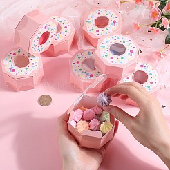 六角ドーナツ厚紙箱  PVCウィンドウ付き  キャンディー＆クッキーパッケージ用品  桃パフ  7.9x7.9x4cm&nbsp;CON-WH0019-18B
