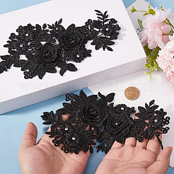 ラインストーン付きポリエステル製アイロン/縫い付けパッチ2組  布のアップリケ  花  ブラック  225x112x7mm&nbsp;DIY-GF0013-17A