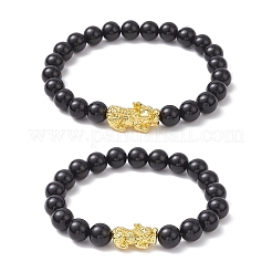 天然黒曜石ストレッチブレスレットセット  パイ秀  合金ビーズで  内径：2-3/8インチ（6cm）&nbsp;BJEW-JB12183