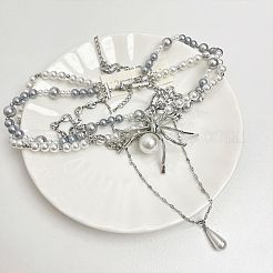 スパイダー合金とプラスチックの模造真珠ペンダント多層ネックレス女性用  ホワイト  プラチナ  13.78インチ（35cm）&nbsp;FS-WG1DFD4-01