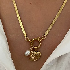 304ステンレススチール製の文字とハートのペンダントネックレス（女性用）  天然淡水パールと  フローラルホワイト  ゴールドカラー  文字S  18.23インチ（46.3cm）&nbsp;FS-WG694DF-19