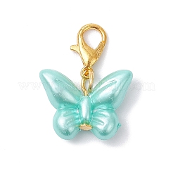 不透明アクリル模造真珠の蝶のペンダント装飾  合金製カニカン付き  ゴールドカラー  25.5mm&nbsp;HJEW-JM03919-02