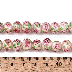 手作りのランプワークの内側の花のロンデルビーズ連売り  金粉付き  ピンク  8~10x10~11mm  穴：0.9~1.4mm  約35個/連  10.83~11.42''（27.5~29センチメートル）&nbsp;LAMP-T022-24J