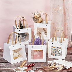 クラフト紙のハンドバッグ  透明な四角い窓付き  ギフトバッグ  長方形  ホワイト  展開：26x15x15cm&nbsp;CARB-WH0018-03B
