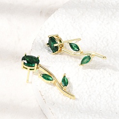 真鍮製マイクロパヴェキュービックジルコニアスタッドピアス  花バラ  鉛フリー＆カドミウムフリー  ラックめっき  長持ちメッキ  18KGP本金メッキ  シーグリーン  30x11mm&nbsp;KK-CBA8324-20G-02