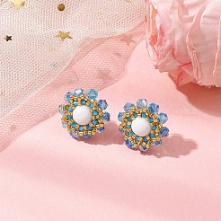 女性用フラワーガラスシードビーズと天然マシャン翡翠スタッドピアス  ライトゴールド  ライトスカイブルー  20mm&nbsp;EJEW-MZ00208-01