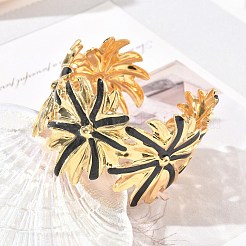 女性用304ステンレススチールエナメルカフバングル  黒い花  ゴールドカラー  内径：2.09インチ（5.3cm）&nbsp;SA-CBAFD7D-02G