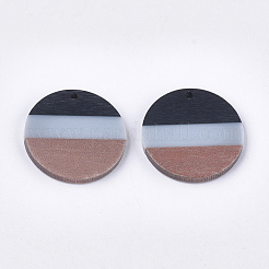 トリコロールレジン＆ウォールナットウッドペンダント  フラットラウンド  ブラック  28x3.5mm  穴：2mm&nbsp;RESI-S358-78B
