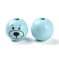 スプレー塗装された天然木ヨーロピアンビーズ  大穴ビーズ  クマのプリントが入ったラウンド  アクア  25mm  穴：6mm  約100個/500g&nbsp;WOOD-D024-01D