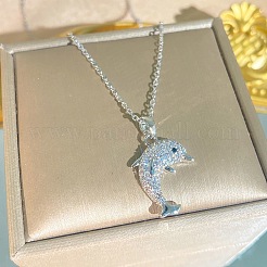 夏のビーチにぴったりの、合金製クリスタルラインストーンイルカペンダントネックレス（女性用）  プラチナ  15.75インチ（40cm）&nbsp;WGD6FD6-01