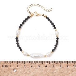 天然バロックケシパールスティックとバイコーンガラスビーズを使用した女性用ブレスレット  ゴールドカラー  ブラック  7.28インチ（18.5cm）&nbsp;BJEW-TA00726