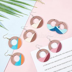 クルミ材の木製ダングルイヤリングのDIYキット  10個入り5スタイルリングレジン＆ウォールナットウッドペンダント  鉄のピアスフックと丸カン  ミックスカラー  38x3mm  穴：2mm  2個/カラー  5色  10pc&nbsp;DIY-OC0006-62