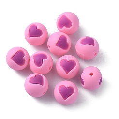 食品グレードの環境に優しいシリコーンビーズ  ハート付きのラウンド  パールピンク  14.5~15mm  穴：2mm&nbsp;SIL-TAC0007-02D