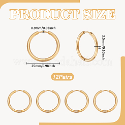 304ステンレススチール製ハギーフープピアス12組  316サージカルステンレススチールピン付き  リング  ゴールドカラー  25x2.5mm  10ゲージ  ピン：0.9mm&nbsp;EJEW-UN0003-14