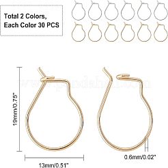 304ステンレススチールフープピアス金具  ミックスカラー  19x13x0.6mm  2色  30個/カラー  60個/箱&nbsp;STAS-UN0015-44