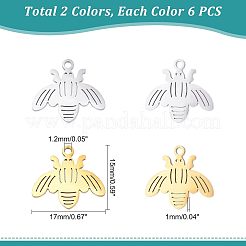 12個2色201ステンレスペンダント  レーザーカットペンダント  蜂  ミックスカラー  15x17x1mm  穴：1.2mm  6個/カラー&nbsp;STAS-UN0034-01