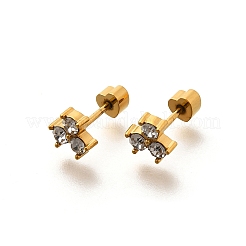 イオンプレーティング（IP）304ステンレススチールスタッドピアス  ラインストーン付き  14KGP本金メッキ  クローバー  クリスタル  6x6.5mm&nbsp;EJEW-A118-12G-02