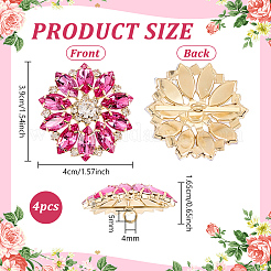 合金、ガラス、ラインストーンシャンクボタン4個  1穴  花  フクシア  39x40x16.5mm  穴：5x4mm&nbsp;BUTT-FG0001-63C