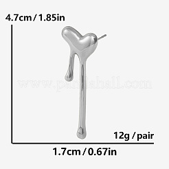 スタイリッシュなハートタッセル304ステンレススチールスタッドピアス1組（女性用）  左右  銀  47x17mm&nbsp;WI4512-1