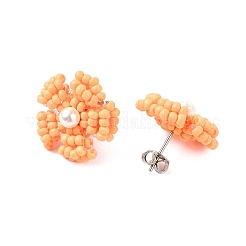 デイジーガラスシードビーズスタッドピアス  砂茶色  17x18~19mm&nbsp;EJEW-MZ00334-02