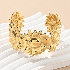 女性用304ステンレススチールカフバングル  ヒマワリ  イオンプレーティング（ip）  14KGP本金メッキ  内径：2x2-1/8インチ（5x5.25cm）&nbsp;AJEW-P127-19G