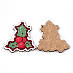 プリントバスウッドペンダント  バックランダムカラー  クリスマスヒイラギの葉  グリーン  44.5x41x3mm  穴：1.8mm&nbsp;WOOD-S045-055