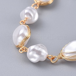 プラスチックイミテーションパールビーズブレスレット  真鍮パーツ  ゴールドカラー  ホワイト  7-1/2インチ（19.2cm）&nbsp;X-BJEW-JB04549