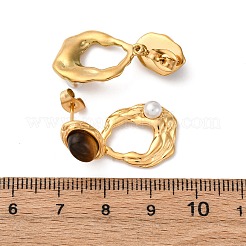 304ステンレススチールタイガーアイストーンオーバルダングルスタッドピアス  プラスチック付き  18KGP本金メッキ  30x14.5mm&nbsp;EJEW-R027-02G