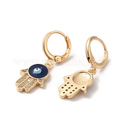 ハムサの手とナザールボンジュウ、本物の 18k 金メッキ真鍮製ダングル レバーバック イヤリング  エナメル質とキュービックジルコニア付き  ミッドナイトブルー  30.5x11mm&nbsp;EJEW-Q797-04B-01G