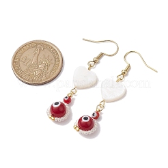 天然シェルハート＆ランプワークイーブルアイダングルイヤリング  ミックスカラー  55x12mm&nbsp;EJEW-MZ00121