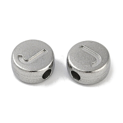 変色防止304ステンレススチールビーズ  アルファベット付きフラットラウンド  ステンレス鋼色  文字J  7x3.8mm  穴：1.8mm&nbsp;STAS-L082-019J-P