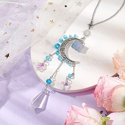 合金製月窓吊りプリズム装飾品  天然石英ビーズとガラスコーンスターサンキャッチャー、家庭、庭、オフィスの装飾用  ディープスカイブルー  225mm&nbsp;HJEW-TA00284-03