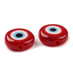 手作りナザールボンジュウランプワークフラットラウンドビーズ連売り  レッド  12x4mm  穴：1mm  約33個/連  14.76インチ&nbsp;LAMP-L058-12mm-06A
