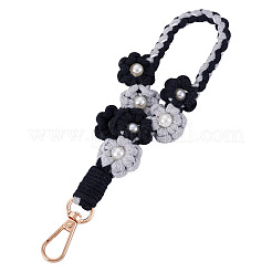 手編みの花のペンダント装飾  合金回転式ナスカン付き  ブラック  205x32mm&nbsp;KEYC-TAC0009-02KCG-07