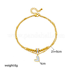 304ステンレススチールパヴェクリアキュービックジルコニア＆天然ホワイトシェルハートチャームダブルレイヤーアンクレット（女性用）  ゴールドカラー  8-1/4インチ（210mm）&nbsp;FS-WGDE261-01